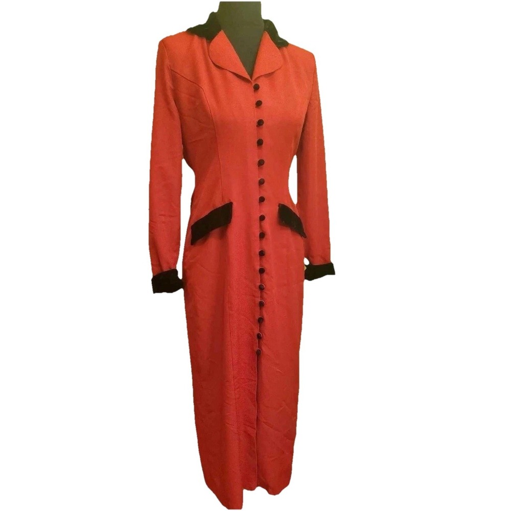 Vintage Red Midi Dress S Black Velour Cuffs Collar Button Front